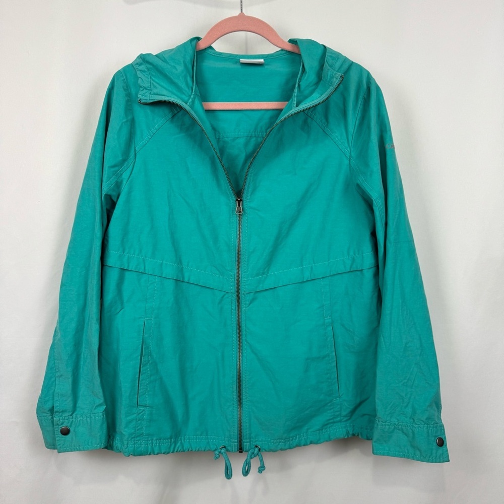 Columbia Women’s L Full Zip Hooded Jacket Lightweight Nylon Cotton / Teal Blue